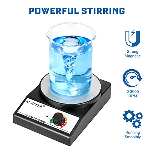 ANZESER Magnetic Stirrer with 4PCS Stir Bars Set Stir Plate with Stir Bar Retriever (NO Heating) 3000mL Magnetic Mixer 3000RPM Lab Stirrer