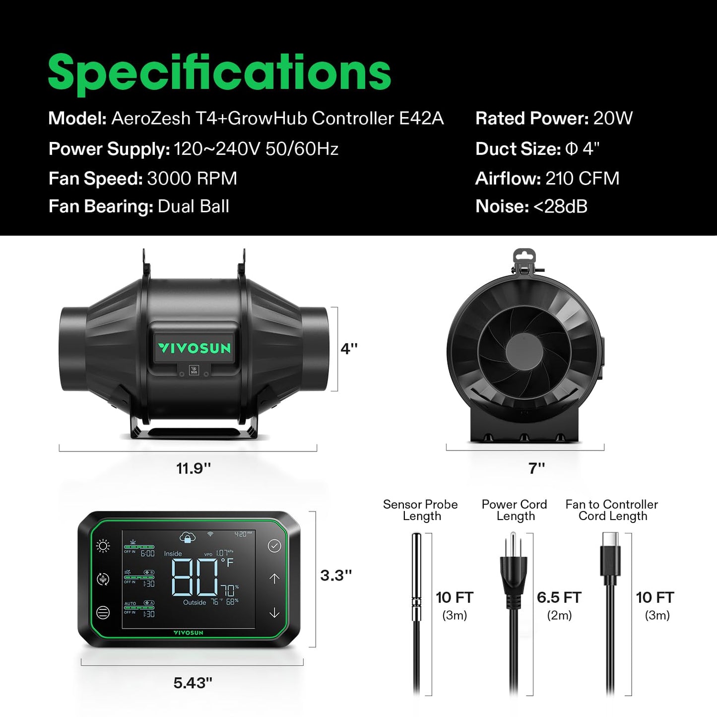 VIVOSUN AeroZesh T4 Inline Duct Fan, Quiet 4" 210 CFM Ventilation Exhaust Fan w/EC Motor and GrowHub E42A Temperature Humidity WiFi-Controller