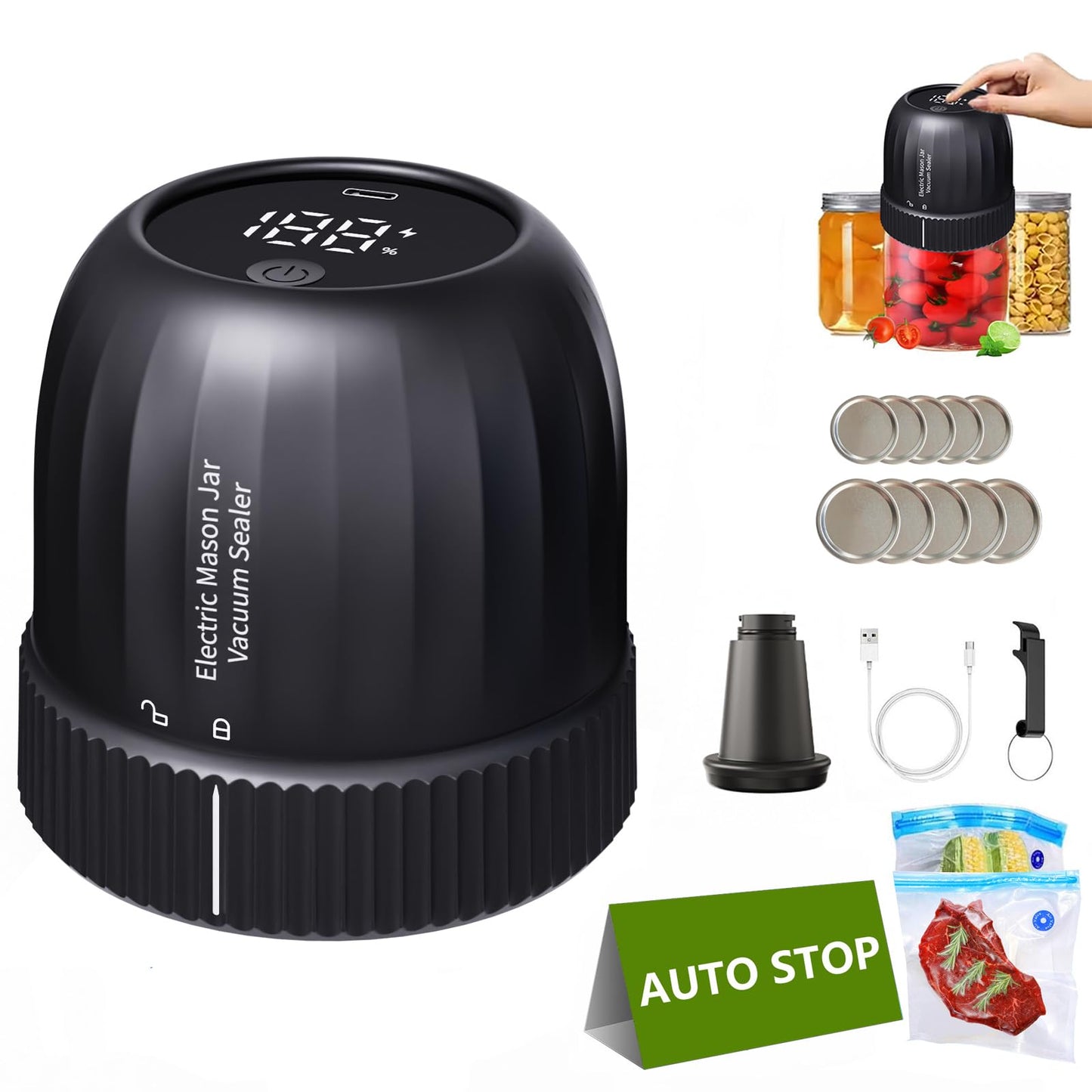 Electric Mason Jar Vacuum Sealer, Upgraded Automatic Vacuum Sealer Kit for Wide and Regular Mouth Mason Jars, Handheld Vacuum Bag Sealer for Food Preservation
