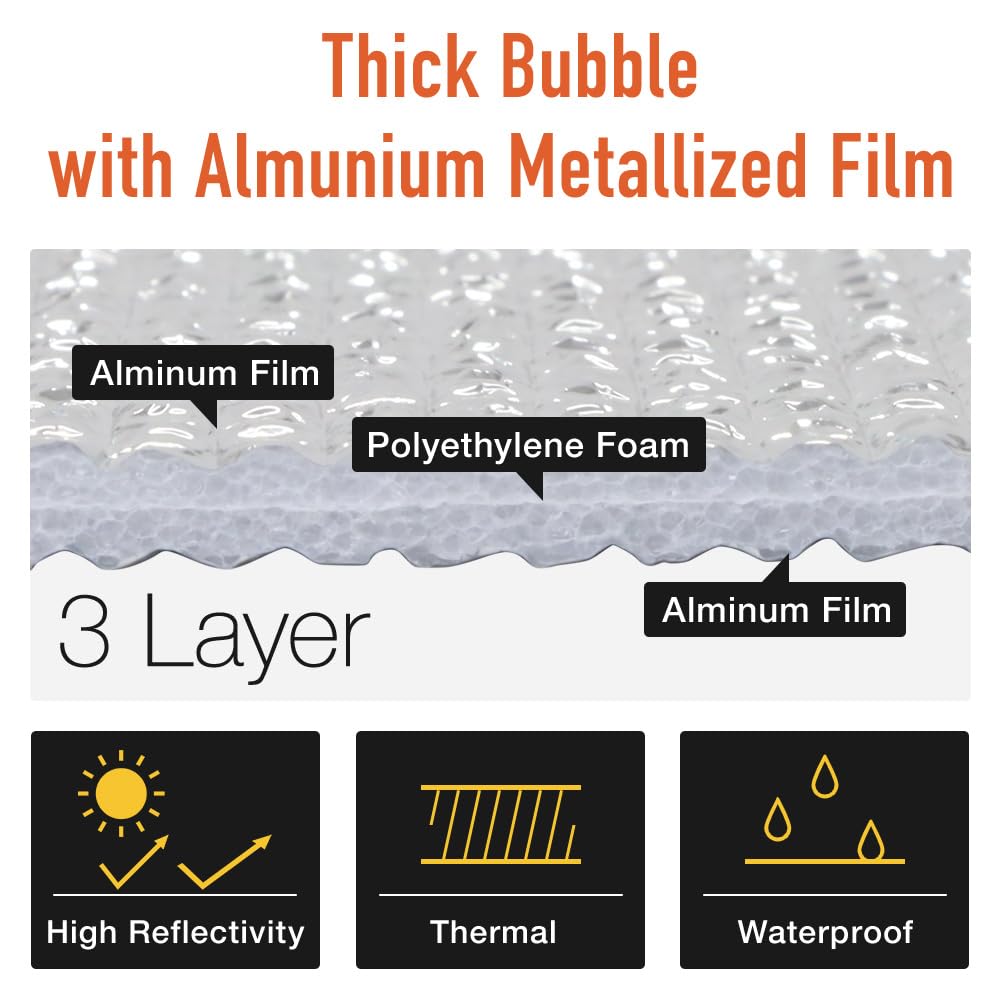 Japard Window Insulation for Summer Heat, 16ft x 39in 5mm 0.2” Thick 53.8 sqft, Aluminum Foil Bubbles Reflective Window Thermal Barrier for RV Roof Garage Door