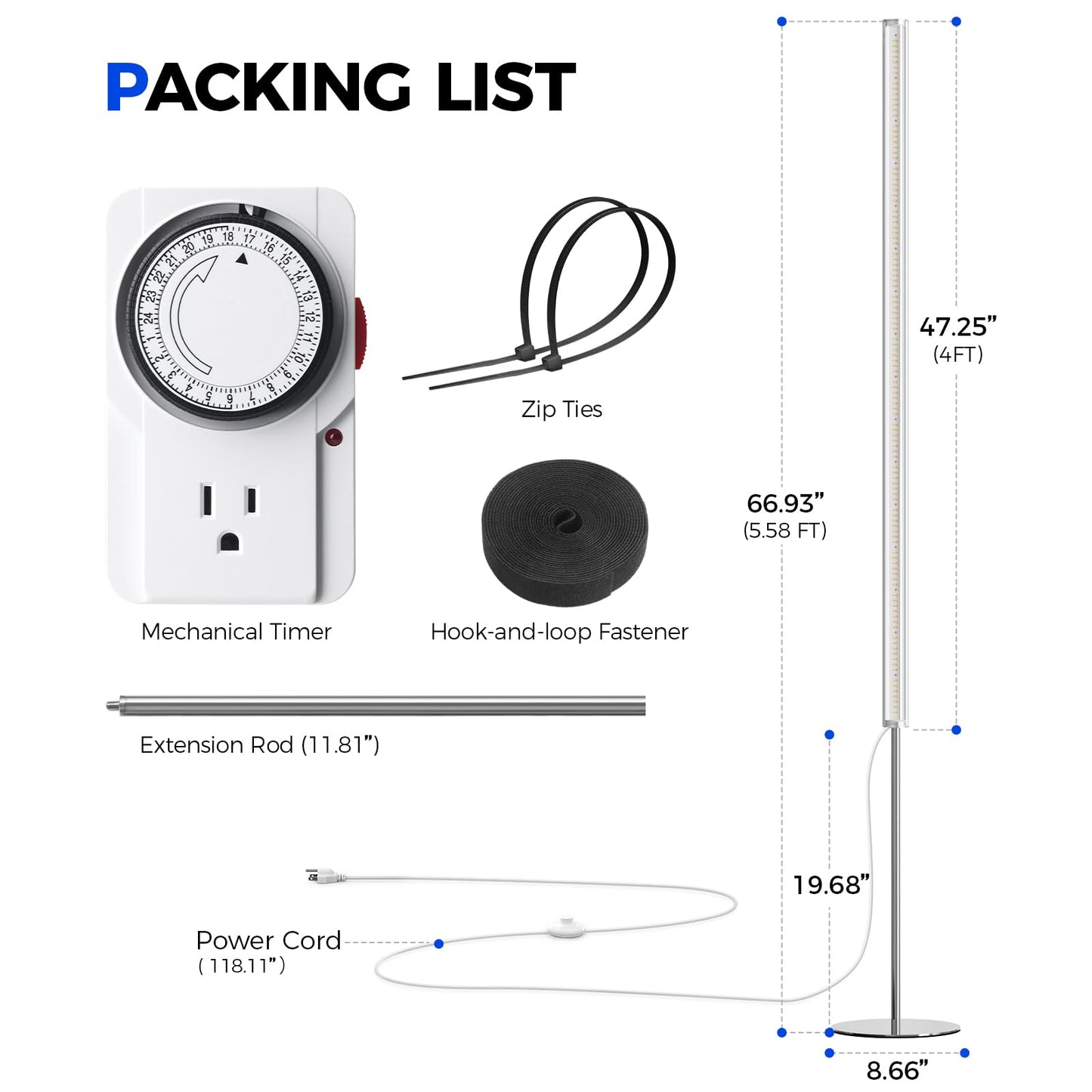 Barrina T1S Standing Grow Light for Indoor Plants with Timer, 65W 660nm High PPFD Tera Series Vertical Full Spectrum Grow Lights Adjustable Height 5FT-5.6FT, Foot Switch, Non-Glare Design, Silver
