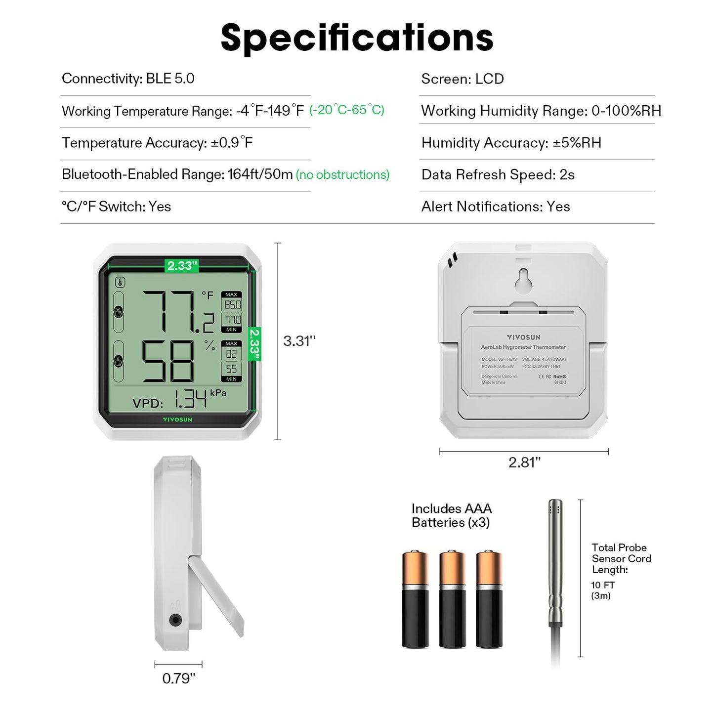 VIVOSUN AeroLab THB1S Wireless Bluetooth Hygrometer Thermometer Indoor, VPD, Digital Temp Humidity Meter, LCD Smart App Control & Alert, Data Storage, Dual Channels with Sensor Probe, Battery Included