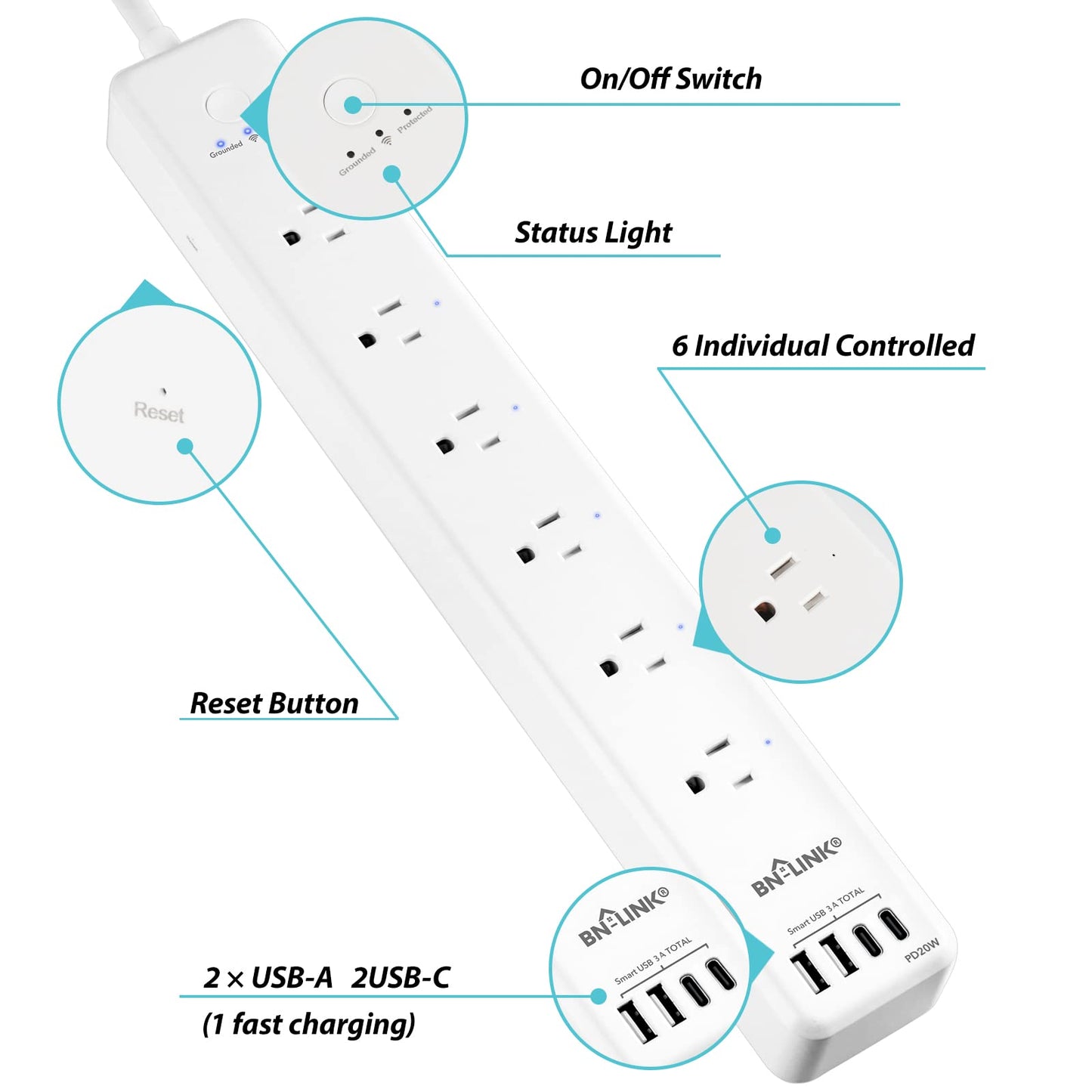 Smart Plug Power Strip,Surge Protector with 6 Individually Controlled Smart Outlets, 4 USBs (incl. 20W USB-C), Compatible with Alexa and Google Home