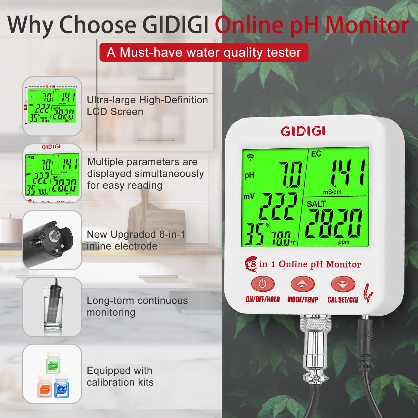 GIDIGI 8 in 1 pH Salt Monitor with Extra pH Calibration Kits