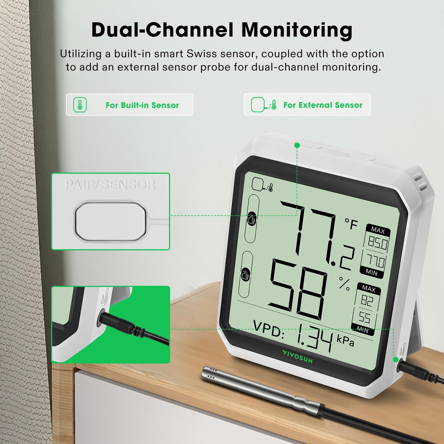 VIVOSUN AeroLab THB1S Wireless Bluetooth Hygrometer Thermometer Indoor, VPD, Digital Temp Humidity Meter, LCD Smart App Control & Alert, Data Storage, Dual Channels with Sensor Probe, Battery Included