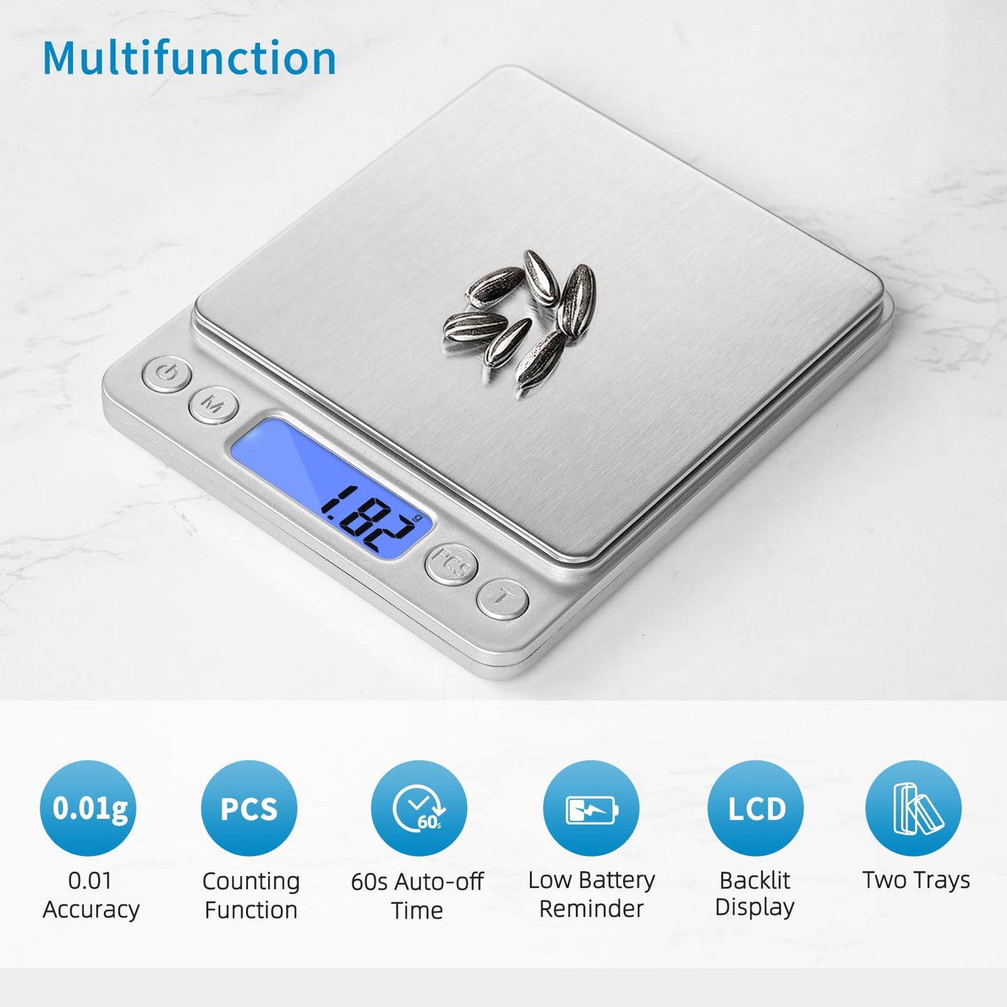 Toprime Digital Gram Scale 500g 0.01g Food Scale High Precision Kitchen Scale Multifunctional Stainless Steel Pocket Scale with Back-Lit LCD Display Tare PCS Features Silver