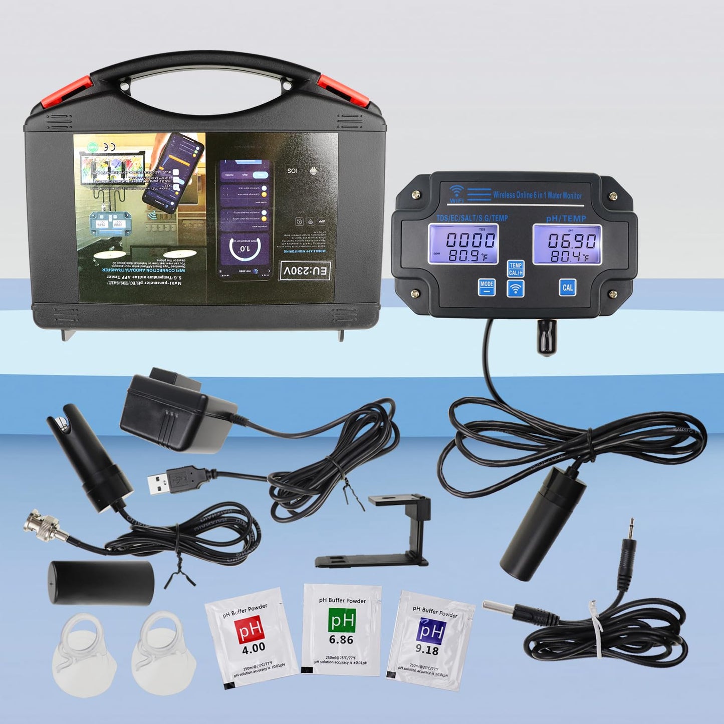 EC pH Monitor for Hydroponics, 6-in-1 Water Quality Tester with Wi-Fi, pH Meter Tester, Continuous Monitor of pH PPM EC CF Humidity Temp of Indoor DWC Grow System,Hydro Reservoir Tank