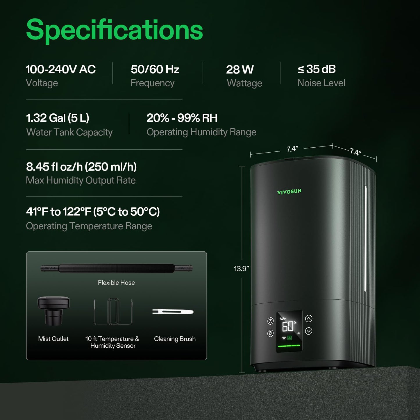 VIVOSUN AeroStream H05 Intelligent Wi-Fi Humidifier, 1.32 Gal / 5 L Humidifier with Temp & Humidity Probe, Smart Remote Control, Designed for Growers