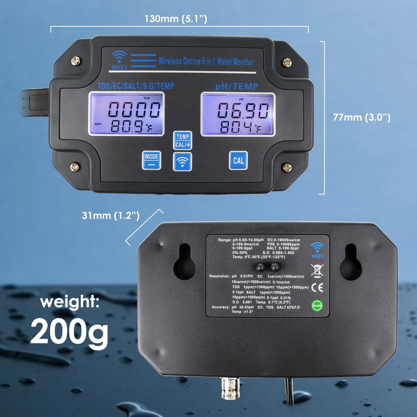 EC pH Monitor for Hydroponics, 6-in-1 Water Quality Tester with Wi-Fi, pH Meter Tester, Continuous Monitor of pH PPM EC CF Humidity Temp of Indoor DWC Grow System,Hydro Reservoir Tank