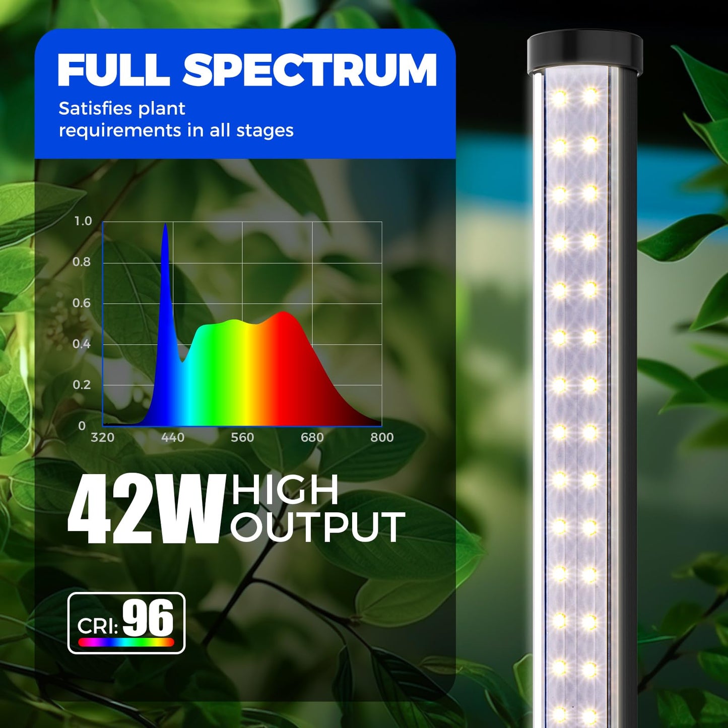 Barrina Standing Grow Light T10, 42W 5000K, Full Spectrum LED Plant Light for Indoor,Vertical Grow Light, Wide Coverage, 4FT Height with On/Off Switch and Tripod Floor Stand