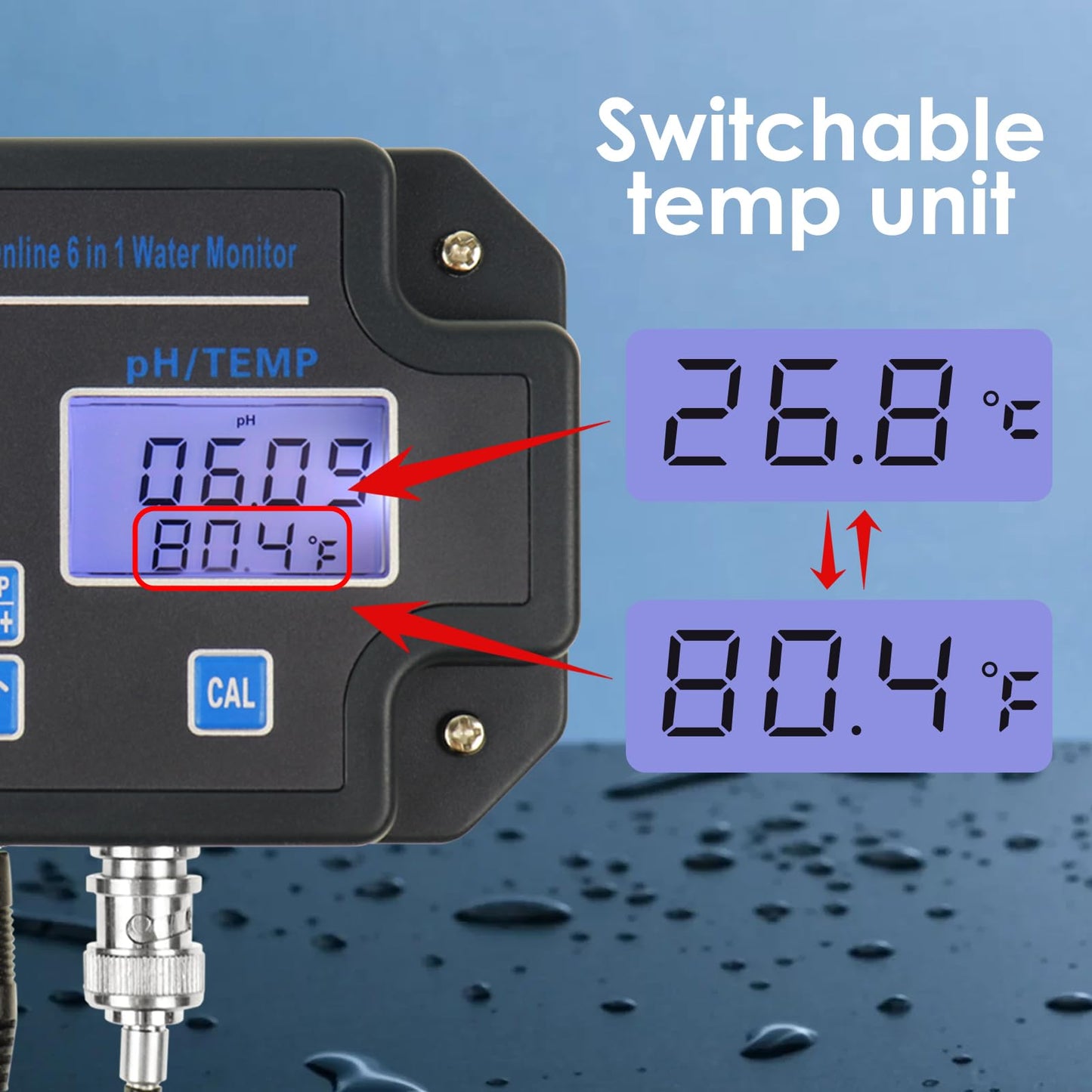 EC pH Monitor for Hydroponics, 6-in-1 Water Quality Tester with Wi-Fi, pH Meter Tester, Continuous Monitor of pH PPM EC CF Humidity Temp of Indoor DWC Grow System,Hydro Reservoir Tank
