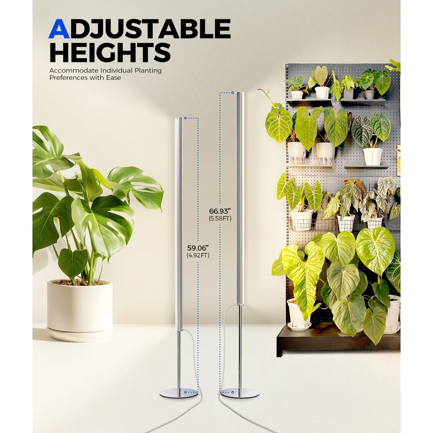 Barrina T1S Standing Grow Light for Indoor Plants with Timer, 65W 660nm High PPFD Tera Series Vertical Full Spectrum Grow Lights Adjustable Height 5FT-5.6FT, Foot Switch, Non-Glare Design, Silver