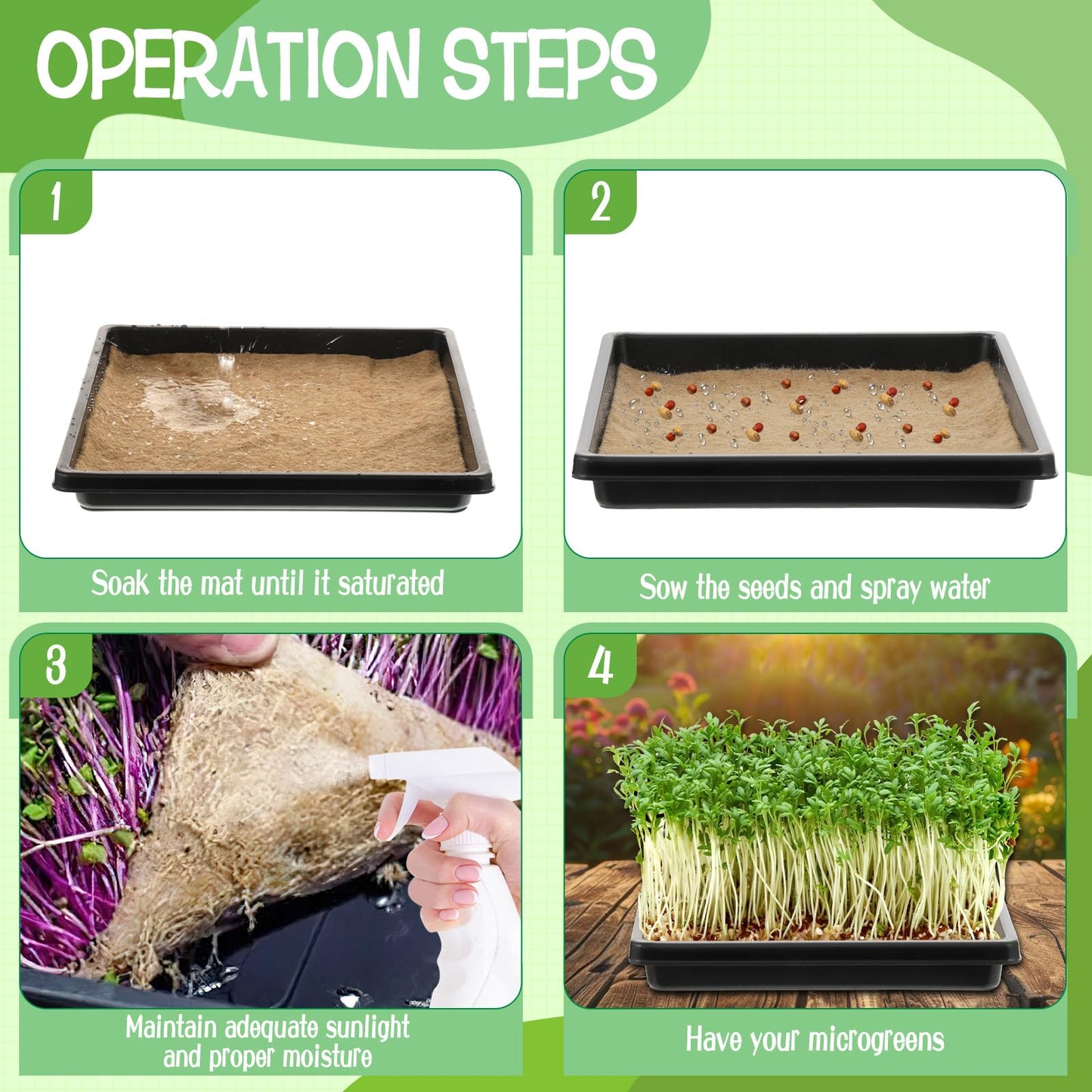 CIEOVO Microgreens Growing Mat with Tray Kit, 8 Pcs Hemp Fiber Grow Tray with 8 Pcs 10" Square Growing Trays Hydroponic Jute Pads Indoor Production for Indoor Germination Sprouts