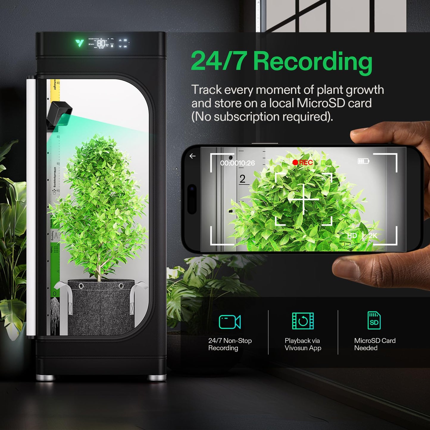 VIVOSUN GrowCam C4, 2K QHD WiFi Smart Camera for Grow Tent & VGrow Smart Grow Box, Timelapse, Night Vision, SD Card Storage, 2-Way Audio, App Control