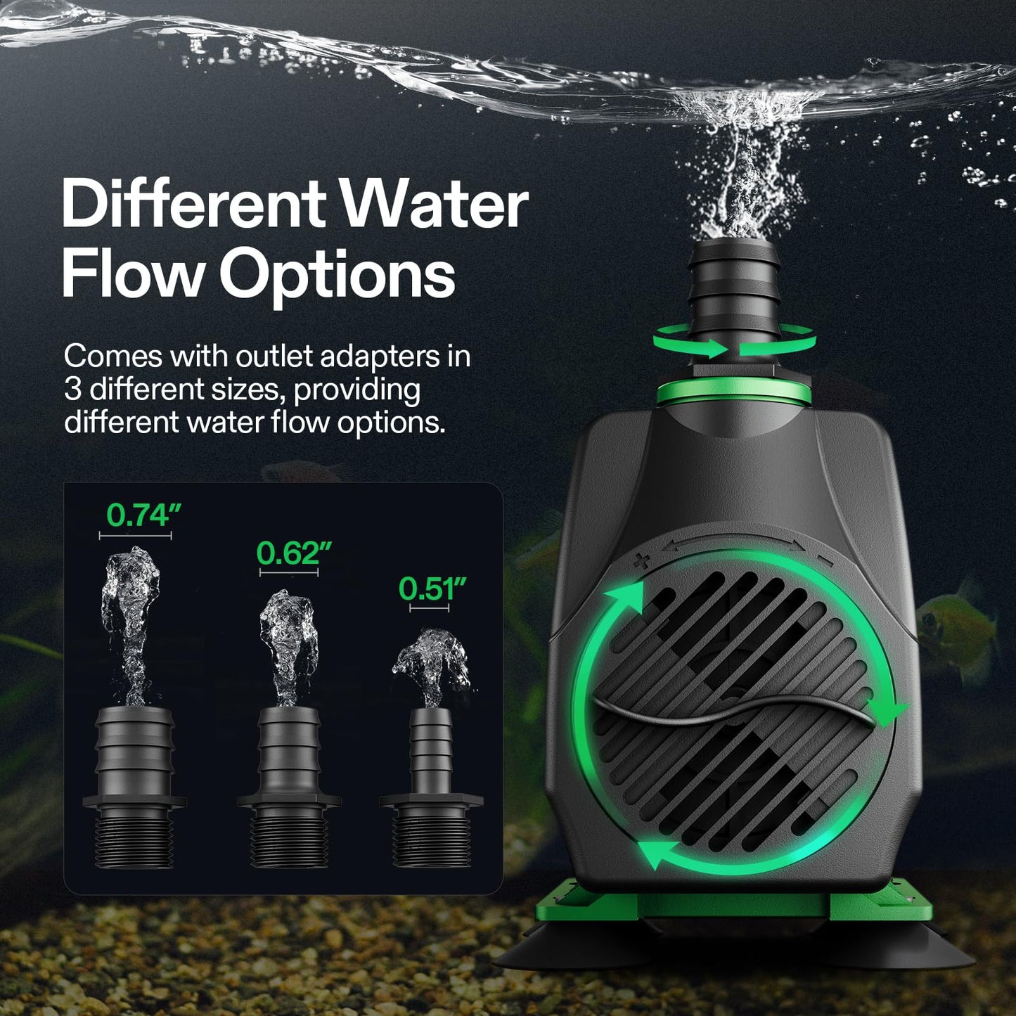 VIVOSUN 800GPH Submersible Pump(3000L/H, 24W), Ultra Quiet Water Fountain Pump with 10ft. High Lift with 6.5ft. Power Cord, 3 Nozzles for Fish Tank, Pond, Aquarium, Statuary, Hydroponics Green
