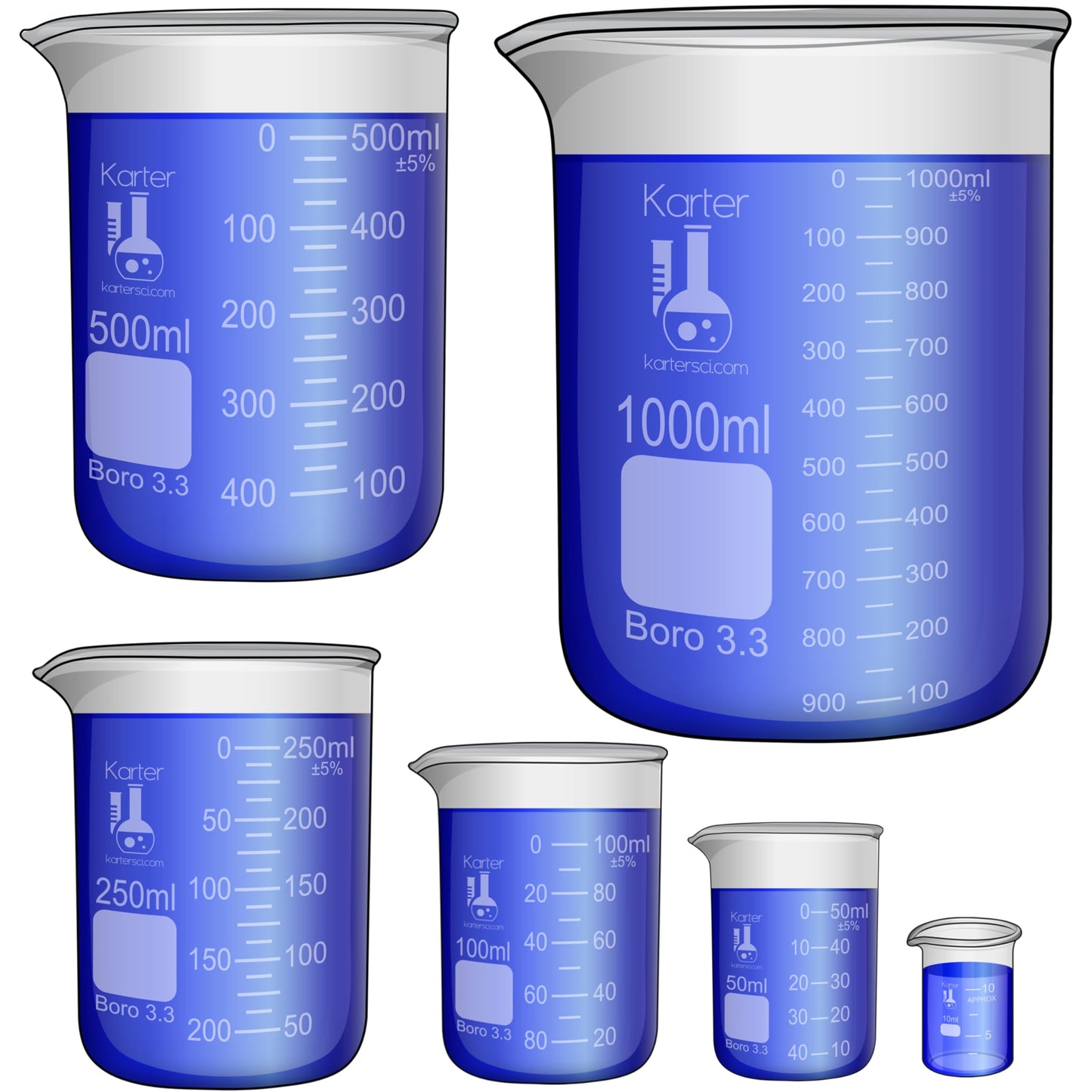 Karter Scientific, 3.3 Boro, Griffin Low Form, Glass Beaker Set - 6 Sizes - 10ml, 50ml, 100ml, 250ml, 500ml, 1000ml