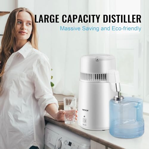 VEVOR Water Distiller, 1.1 Gal Distilled Water Machine, 750W Pure Water Distilling w/BPA Free Plastic Container, Water Distillation Kit w/Button, Countertop Distilled Water Maker for Home, White