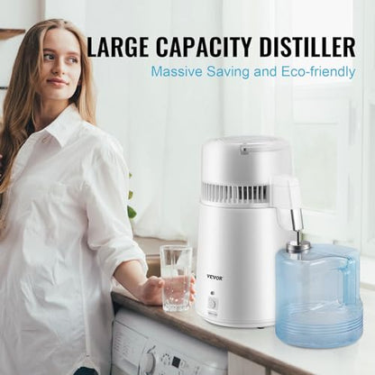 VEVOR Water Distiller, 1.1 Gal Distilled Water Machine, 750W Pure Water Distilling w/BPA Free Plastic Container, Water Distillation Kit w/Button, Countertop Distilled Water Maker for Home, White