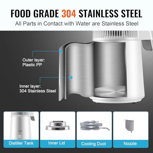VEVOR Water Distiller, 1.1 Gal Distilled Water Machine, 750W Pure Water Distilling w/BPA Free Plastic Container, Water Distillation Kit w/Button, Countertop Distilled Water Maker for Home, White