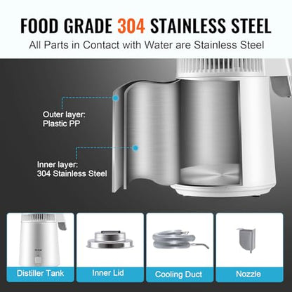 VEVOR Water Distiller, 1.1 Gal Distilled Water Machine, 750W Pure Water Distilling w/BPA Free Plastic Container, Water Distillation Kit w/Button, Countertop Distilled Water Maker for Home, White