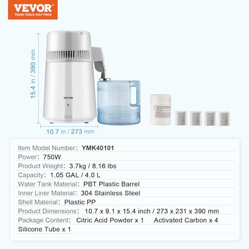 VEVOR Water Distiller, 1.1 Gal Distilled Water Machine, 750W Pure Water Distilling w/BPA Free Plastic Container, Water Distillation Kit w/Button, Countertop Distilled Water Maker for Home, White