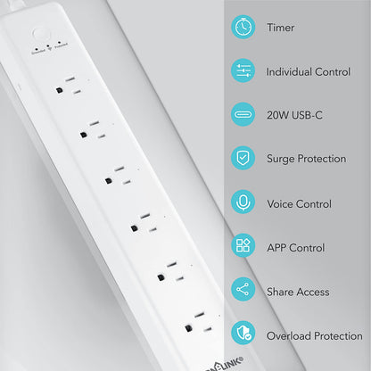 Smart Plug Power Strip，Surge Protector with 6 Individually Controlled Smart Outlets, 4 USBs (incl. 20W USB-C), Compatible with Alexa and Google Home