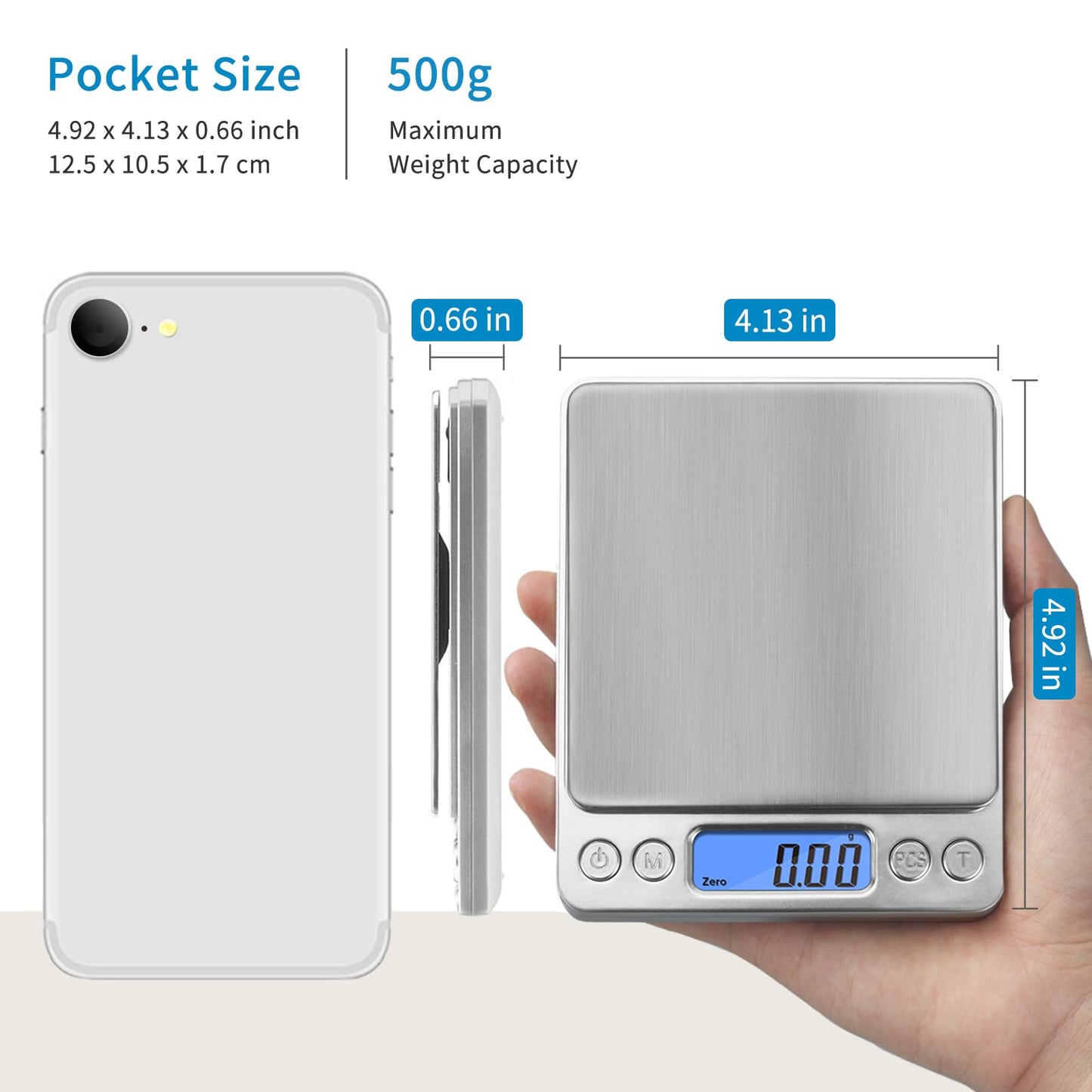 Toprime Digital Gram Scale 500g 0.01g Food Scale High Precision Kitchen Scale Multifunctional Stainless Steel Pocket Scale with Back-Lit LCD Display Tare PCS Features Silver