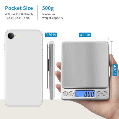 Toprime Digital Gram Scale 500g 0.01g Food Scale High Precision Kitchen Scale Multifunctional Stainless Steel Pocket Scale with Back-Lit LCD Display Tare PCS Features Silver