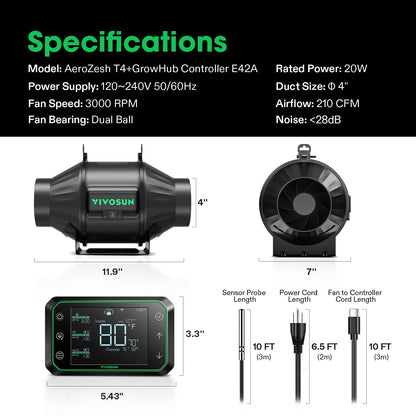 VIVOSUN AeroZesh T4 Inline Duct Fan, Quiet 4" 210 CFM Ventilation Exhaust Fan w/EC Motor and GrowHub E42A Temperature Humidity WiFi-Controller