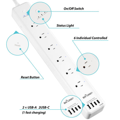 Smart Plug Power Strip，Surge Protector with 6 Individually Controlled Smart Outlets, 4 USBs (incl. 20W USB-C), Compatible with Alexa and Google Home