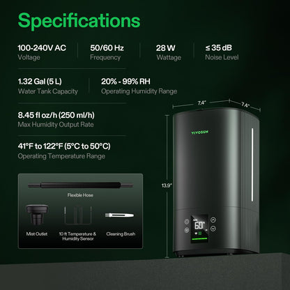 VIVOSUN AeroStream H05 Intelligent Wi-Fi Humidifier, 1.32 Gal / 5 L Humidifier with Temp & Humidity Probe, Smart Remote Control, Designed for Growers