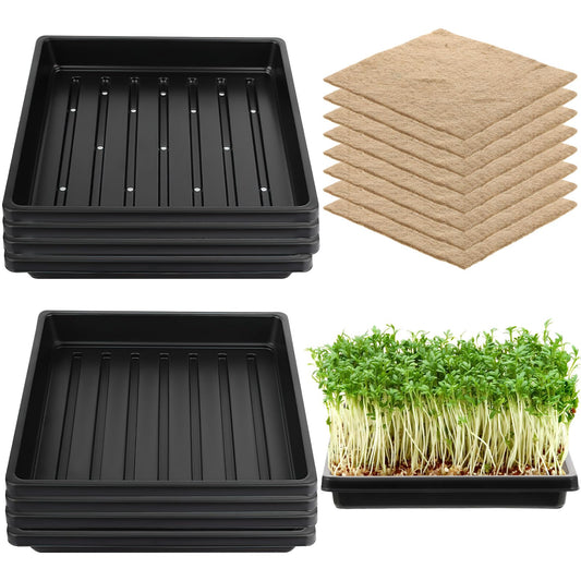 CIEOVO Microgreens Growing Mat with Tray Kit, 8 Pcs Hemp Fiber Grow Tray with 8 Pcs 10" Square Growing Trays Hydroponic Jute Pads Indoor Production for Indoor Germination Sprouts
