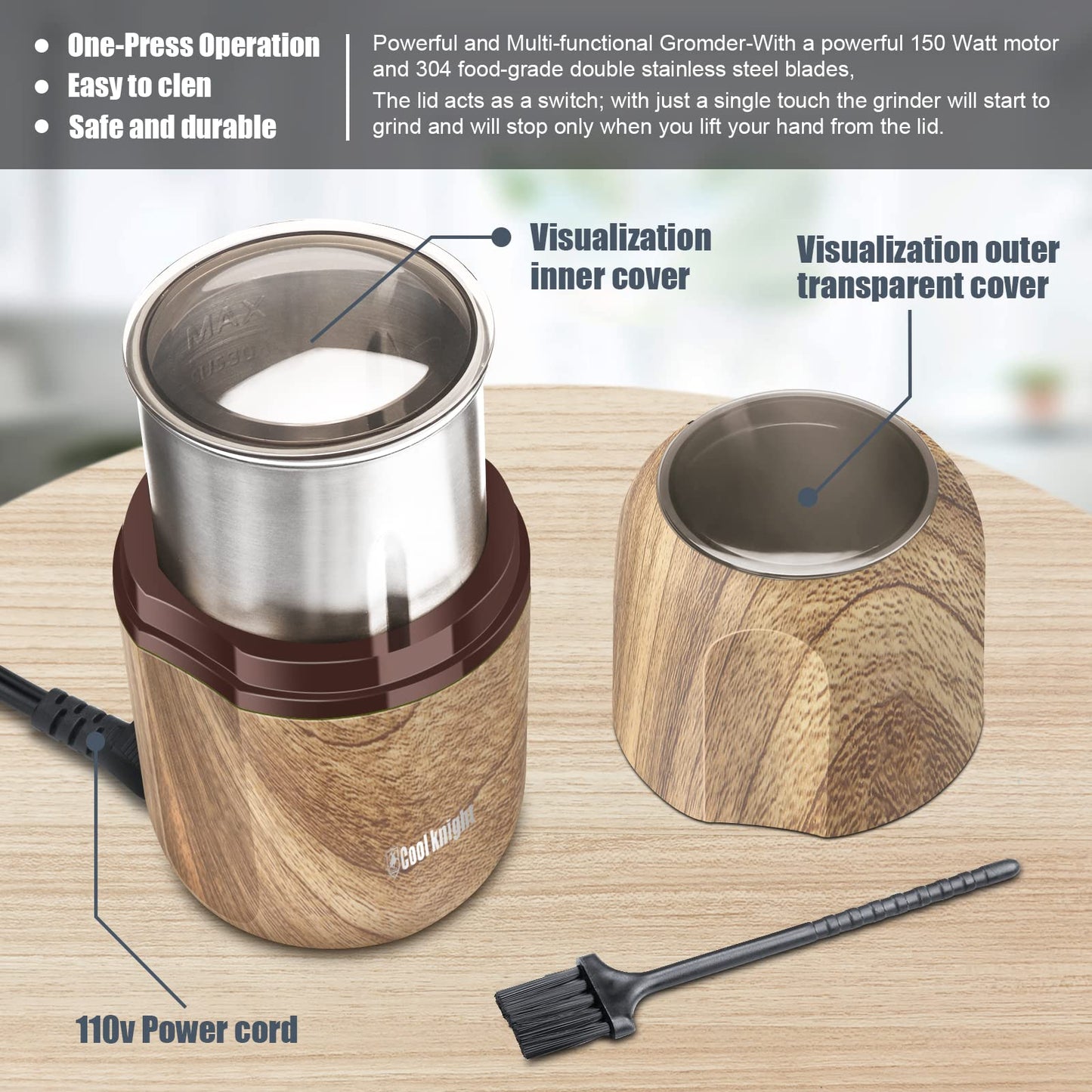 COOL KNIGHT Herb Grinder [large capacity/fast/Electric ]-Spice Herb Coffee Grinder with Pollen Catcher/- 7.5" (Wood grain)