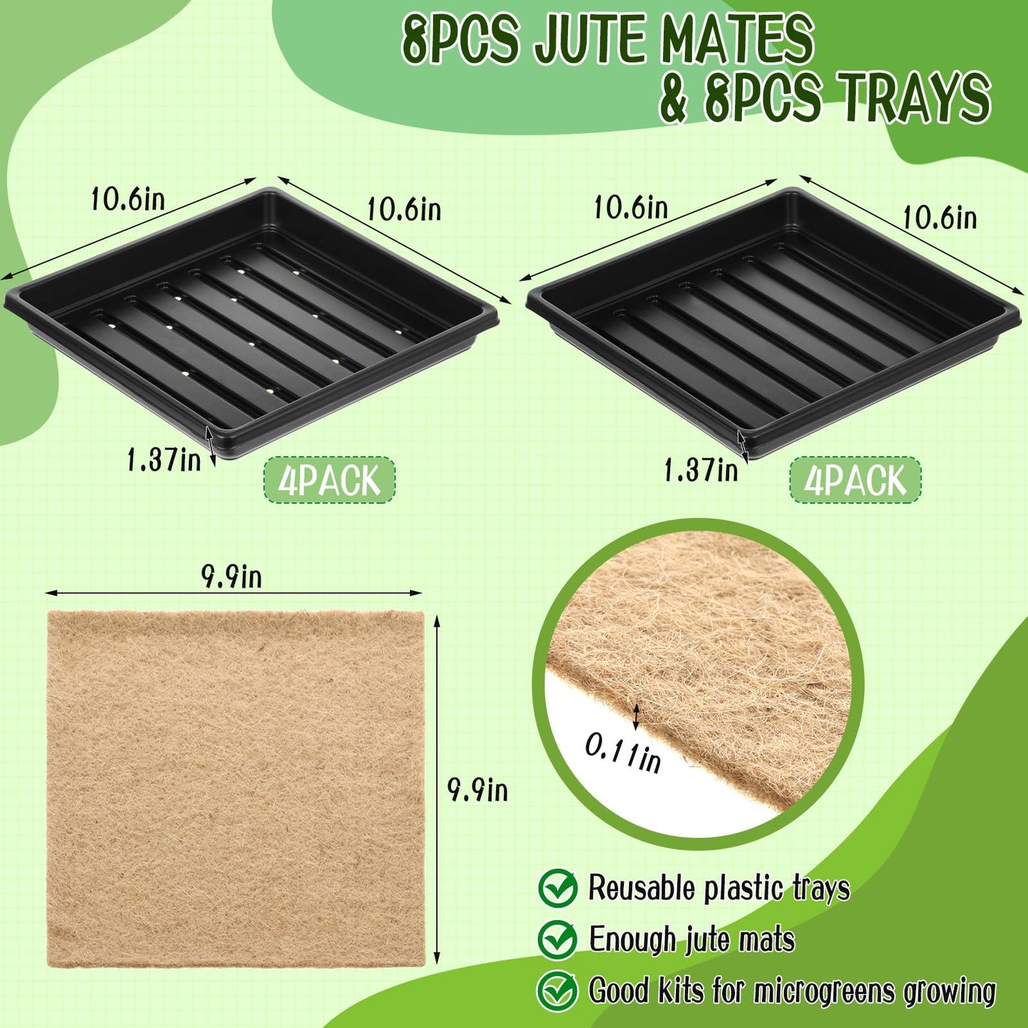 CIEOVO Microgreens Growing Mat with Tray Kit, 8 Pcs Hemp Fiber Grow Tray with 8 Pcs 10" Square Growing Trays Hydroponic Jute Pads Indoor Production for Indoor Germination Sprouts