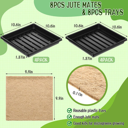 CIEOVO Microgreens Growing Mat with Tray Kit, 8 Pcs Hemp Fiber Grow Tray with 8 Pcs 10" Square Growing Trays Hydroponic Jute Pads Indoor Production for Indoor Germination Sprouts