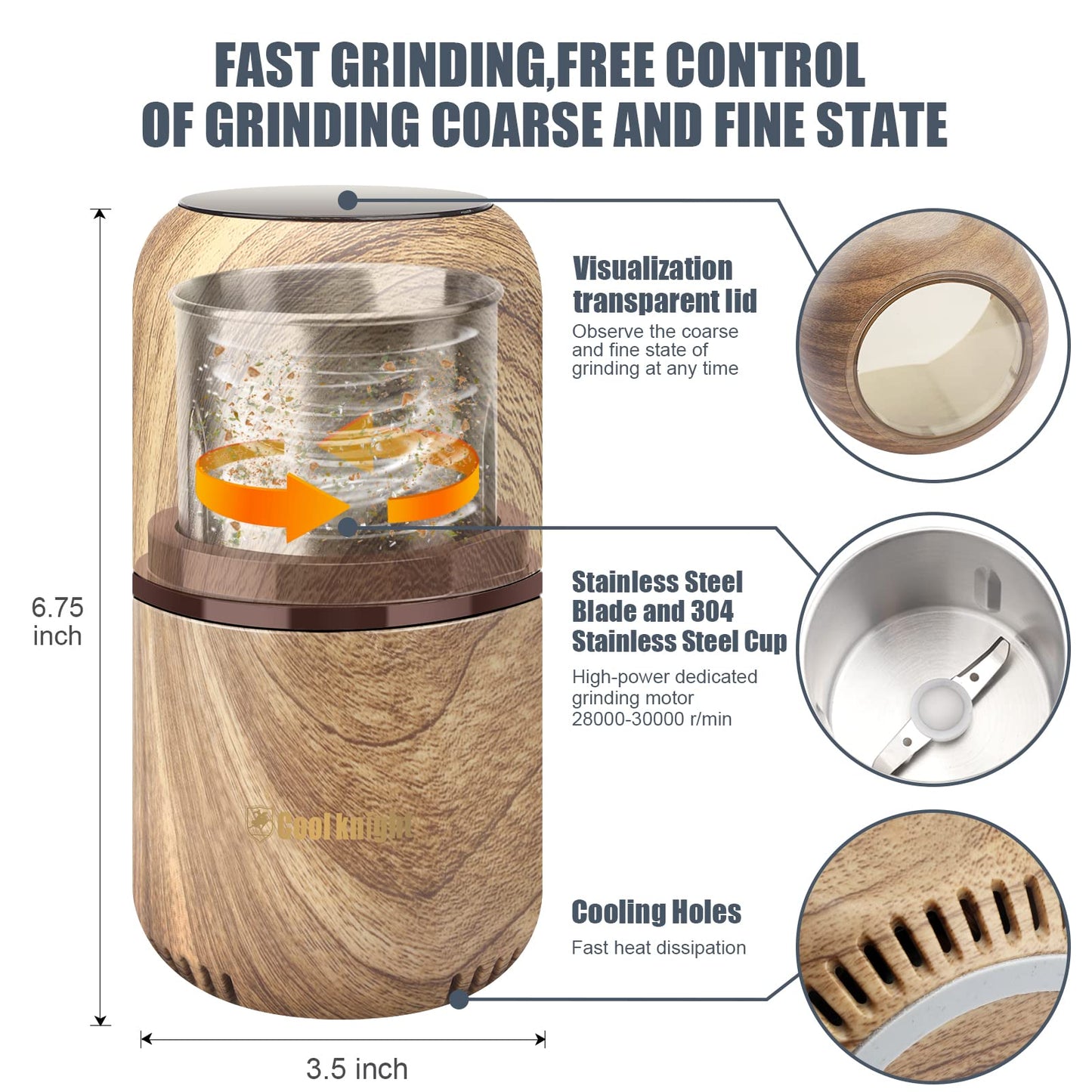 COOL KNIGHT Herb Grinder [large capacity/fast/Electric ]-Spice Herb Coffee Grinder with Pollen Catcher/- 7.5" (Wood grain)