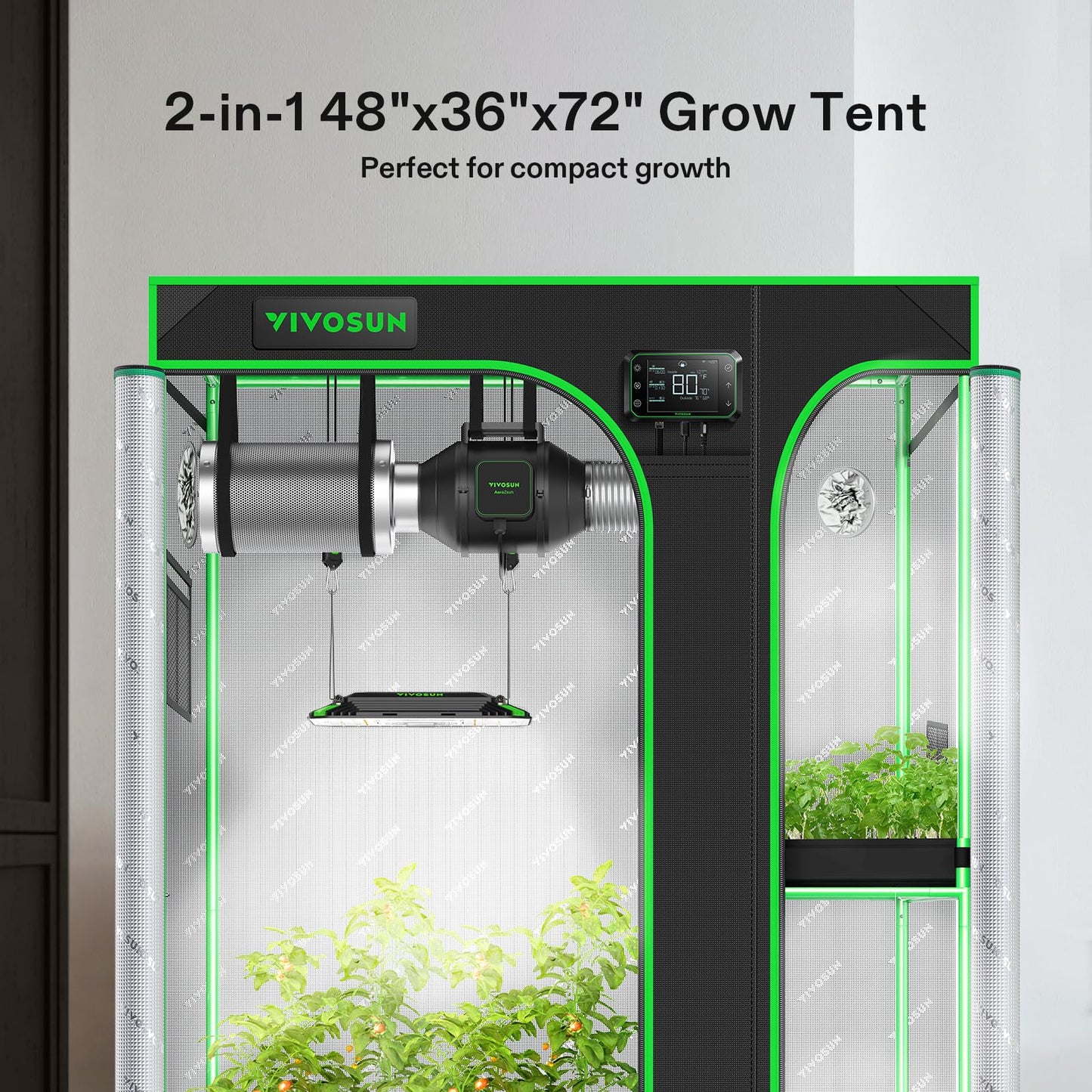 VIVOSUN 2-in-1 4x3 Grow Tent, 48"x36"x72" High Reflective Mylar with Multi-Chamber and Floor Tray for Hydroponic Indoor Plant