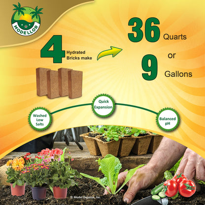 MODELLOR 4 Bricks (5 lb) Premium Super Washed Coco Coir, Yields 9 gallons, Seed Starter, Organic, pH Balanced, Gardening, Indoor, Outdoor use.