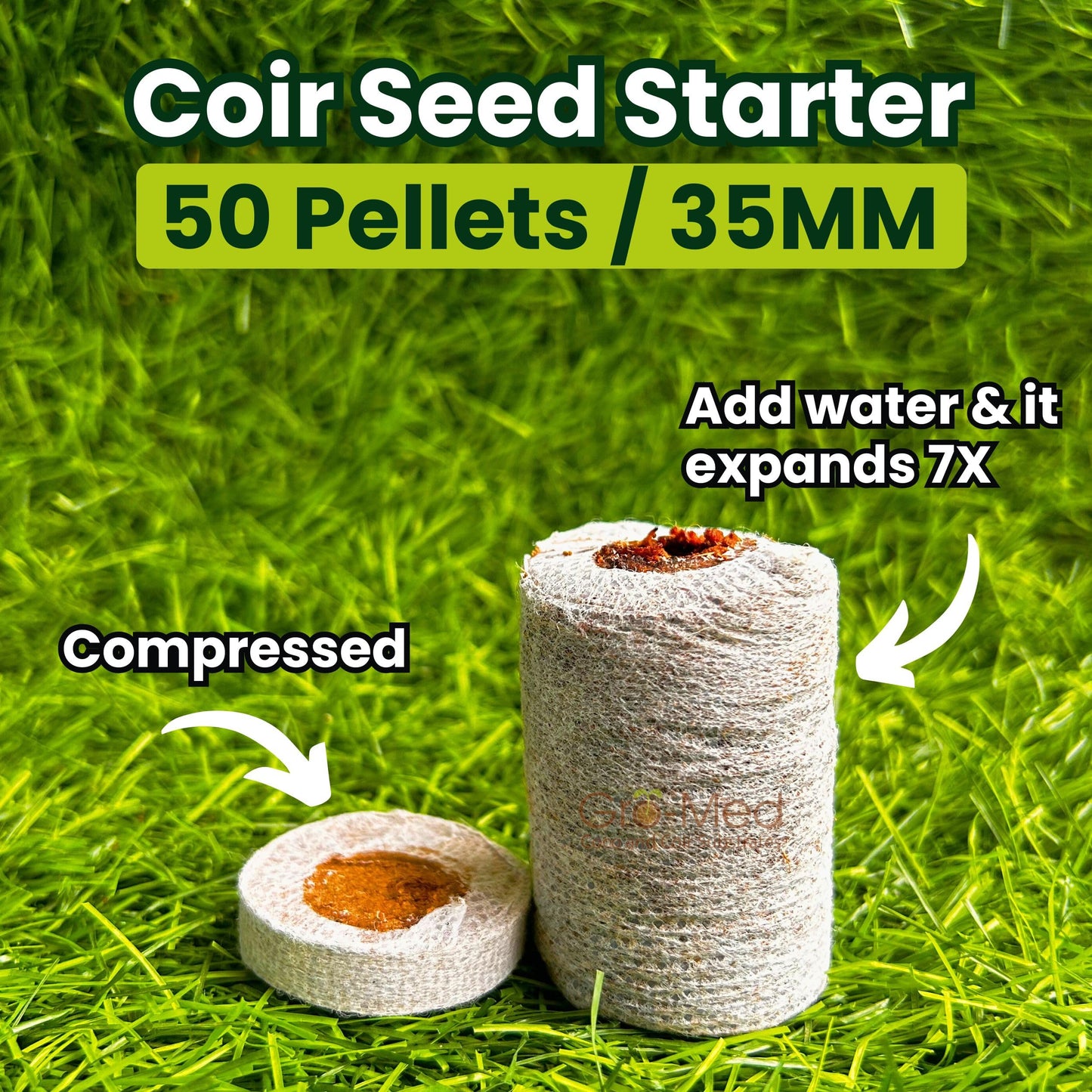 Gro-Med Organic Coco Coir Seed Starter Pellets NPK Enriched 50 Pcs, 35mm Perfect to Grow Herbs, Vegetables, Flowers,Fruits Seedlings, Compressed Coconut Coir Soil Plugs - Easy to Transplant in Pot