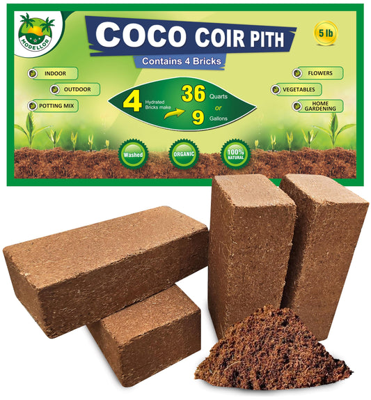 MODELLOR 4 Bricks (5 lb) Premium Super Washed Coco Coir, Yields 9 gallons, Seed Starter, Organic, pH Balanced, Gardening, Indoor, Outdoor use.