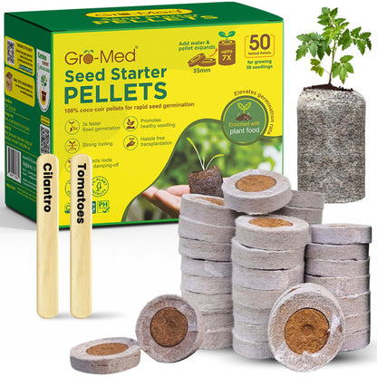 Gro-Med Organic Coco Coir Seed Starter Pellets NPK Enriched 50 Pcs, 35mm Perfect to Grow Herbs, Vegetables, Flowers,Fruits Seedlings, Compressed Coconut Coir Soil Plugs - Easy to Transplant in Pot