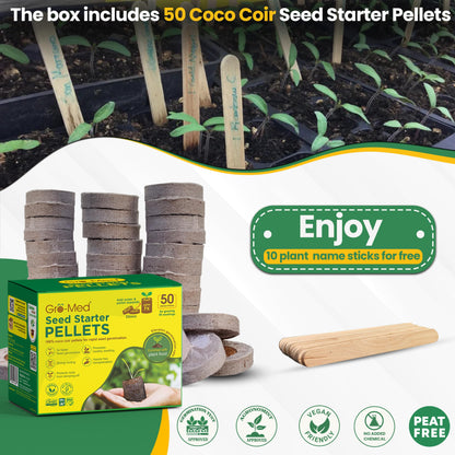 Gro-Med Organic Coco Coir Seed Starter Pellets NPK Enriched 50 Pcs, 35mm Perfect to Grow Herbs, Vegetables, Flowers,Fruits Seedlings, Compressed Coconut Coir Soil Plugs - Easy to Transplant in Pot